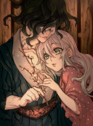 Rule 34 | 1boy, 1girl, daki (kimetsu no yaiba), green eyes, green hair, green kimono, gyuutarou (kimetsu no yaiba), highres, japanese clothes, kimetsu no yaiba, kimono, long hair, nozoki davis, obi, pink kimono, sash, siblings, smile, upper body, wavy hair, white hair, wooden wall
