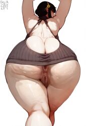 1girl anus arms_up ass back backless_outfit black_hair blush butt_crack cellulite dzenrei_(dzenrei_art) earrings flower from_behind grey_sweater hair_flower hair_ornament hair_up hairband huge_ass jewelry looking_back mature_female pubic_stubble pussy ribbed_sweater rose rose_hair_ornament solo spy_x_family standing sweater virgin_killer_sweater white_background wide_hips yellow_hairband yor_briar