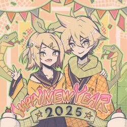 Rule 34 | 1boy, 1girl, 2025, absurdres, animal, animal background, aqua eyes, black sailor collar, black skirt, blonde hair, bow, brother and sister, celebration, collarbone, commentary request, english text, food, fruit, green bow, green scarf, grid, grid background, hair between eyes, hair bow, hair ornament, hairclip, halftone, halka, hand on another&#039;s shoulder, happy new year, high ponytail, highres, kagamine len, kagamine rin, looking at viewer, mandarin orange, medium hair, neckerchief, new year, off shoulder, orange neckerchief, parted bangs, ponytail, sailor collar, scarf, shirt, short ponytail, siblings, skirt, smile, snake, twins, unmoving pattern, v, vocaloid, wide sleeves, yellow shirt