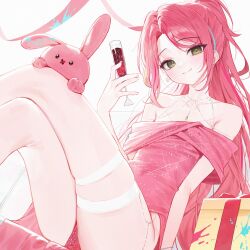 Rule 34 | 1girl, alcohol, bare shoulders, closed mouth, crossed legs, cup, dress, drinking glass, hanako nana, highres, holding, holding cup, huhi (huhi 1211), long hair, multicolored hair, pink dress, pink hair, red wine, simple background, sitting, smile, solo, stellive, streaked hair, thighs, very long hair, virtual youtuber, white background, wine, wine glass