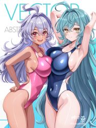 2girls ahoge aqua_hair arms_behind_head asymmetrical_docking breast_press breasts commission competition_swimsuit dark-skinned_female dark_skin highres large_breasts long_hair multiple_girls one-piece_swimsuit original purple_hair red_eyes sideboob swimsuit tan tsukiyuki_mike twitter_username very_long_hair yellow_eyes
