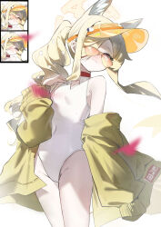 1girl absurdres animal_ear_fluff animal_ears bare_shoulders bilbil22 blonde_hair blue_archive blush breasts closed_mouth covered_navel cross_halo diamond_cutout extra_ears fox_ears fox_girl fox_tail hair_over_one_eye half-closed_eyes halo highleg highleg_one-piece_swimsuit highres inset jacket loli long_hair long_sleeves off_shoulder official_alternate_costume official_alternate_hairstyle one-piece_swimsuit one_eye_covered open_mouth orange-tinted_eyewear orange_eyes seia_(blue_archive) seia_(swimsuit)_(blue_archive) side_ponytail simple_background small_breasts smile solo sunglasses swimsuit tail thighs tinted_eyewear very_long_hair visor_cap white_background white_one-piece_swimsuit yellow_halo yellow_jacket yellow_visor