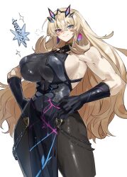 1girl backless_dress backless_outfit barghest_(fate) barghest_(second_ascension)_(fate) biceps black_dress black_gloves black_pantyhose blue_eyes breasts chain closed_mouth commentary_request cowboy_shot crossed_bangs doyagao dress fate/grand_order fate_(series) gloves hair_between_eyes hairband halter_dress halterneck hands_on_own_hips heterochromia highres huge_breasts impossible_clothes jewelry looking_at_viewer muscular muscular_female pantyhose pelvic_curtain pendant pink_eyes puff_of_air sideboob sidelocks simple_background sleeveless sleeveless_dress smile smug solo tokoni_fusu translation_request white_background