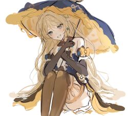 blonde_hair blue_eyes bow earrings genshin_impact h_09ii highres holding holding_umbrella jewelry long_hair navia_(genshin_impact) simple_background sitting sketch umbrella white_background