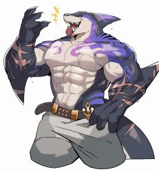 +++ 1boy abs absurdres bara black_sclera capt._locke_(xxl) claws colored_sclera commentary_request cross_scar dorsal_fin fangs fins fish_tail furry furry_male grey_pants hagrang hand_on_own_hip highres korean_commentary looking_at_viewer male_focus multiple_scars muscular muscular_male open_mouth pants pectorals scar scar_on_arm scar_on_tail shark_boy shark_fin shark_tail tail topless_male wet white_background xxl_woofia yellow_eyes