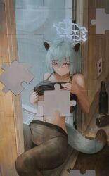 1girl absurdres animal_ears aqua_eyes aqua_hair black_pantyhose blue_archive closed_mouth flippy_(cripine111) hair_between_eyes halo highres looking_at_viewer pantyhose shigure_(blue_archive) solo tail weasel_ears weasel_girl weasel_tail