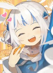 1girl :d blue_hair blue_jacket blue_nails closed_eyes commentary commentary_request eating english_commentary facing_viewer fish_(food) food food_on_face gawr_gura hair_ornament harufude highres holding holding_food hololive jacket long_sleeves medium_hair mixed-language_commentary multicolored_hair nigirizushi open_mouth rice rice_on_face salmon shark_hair_ornament sharp_teeth smile solo streaked_hair sushi teeth two-tone_hair two_side_up upper_body upper_teeth_only virtual_youtuber white_hair yellow_background