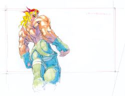 1boy alex_(street_fighter) blonde_hair blue_eyes bodypaint concept_art downturned_eyes facepaint fingerless_gloves from_below game_cg gloves green_gloves green_overalls headband highres long_hair long_sidelocks looking_back male_focus muscular muscular_male nishimura_kinu non-web_source official_art overalls red_headband sidelocks solo street_fighter street_fighter_iii_(series) topless_male