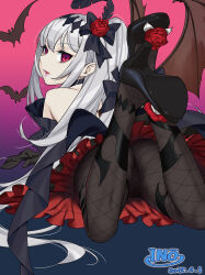 1girl bare_shoulders bat_(animal) bat_wings black_boots black_bow black_gloves boots bow commentary_request commission dated demon_girl fishnet_pantyhose fishnets flower gloves hair_flower hair_ornament high_heels highres ino_(magloid) long_hair looking_at_viewer lying mare_(ac8231) on_stomach original pantyhose parted_lips red_eyes red_flower red_rose rose signature skeb_commission solo white_hair wings
