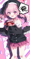 1girl absurdres black_hat black_jacket black_wings blue_archive blush book collarbone commentary halo hat head_wings heart highres holding holding_book hua-huahua hugging_book hugging_object jacket koharu_(blue_archive) looking_at_viewer off_shoulder open_mouth pink_eyes pink_hair pink_skirt red_halo sailor_collar skirt thighs twintails white_sailor_collar wings