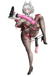 1girl absurdres alternate_breast_size_(larger) anus belt black_belt black_panties black_shoes blue_eyes blue_nails bodystocking bow breasts brown_bodystocking butt_plug cleavage condom condom_on_nipples dildo full_body green_bow grey_hair heart_maebari high_heels highres holding holding_tray horse_dildo huge_breasts huge_dildo impossible_bodystocking izayoi_sakuya lipstick_mark lotion_bottle lube maebari maid_headdress nail_polish nipples panties panty_pull puffy_nipples pussy remote_control_vibrator sex_toy shoes short_hair simple_background solo standing standing_on_one_leg tally thigh_belt thigh_strap thighband_bodystocking torn_bodystocking torn_clothes touhou tray underwear unworn_butt_plug used_condom user_ckkx8884 v vibrator white_background