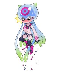 1girl ^^^ blue_hair blush closed_mouth covering_privates covering_breasts digimon digimon_(creature) digimon_ghost_game embarrassed fang female_focus full_body gradient_hair green_hair jellyfish_girl jellymon loli long_hair looking_at_viewer monster_girl multicolored_hair navel pointy_ears simple_background smile solo sweat tentacle_hair tentacles torn_clothes tosx white_background