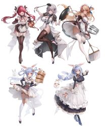 Rule 34 | ;q, absurdres, alternate costume, animal ear fluff, animal ears, apron, bare shoulders, between breasts, black collar, black dress, black garter straps, black ribbon, black shoes, black sleeves, blonde hair, blue hair, blush, boots, bow, bow apron, bowtie, braid, breast curtains, breasts, carrot, cleavage, closed mouth, collar, color guide, commentary request, cooking, cup, dark-skinned female, dark elf, dark skin, decantering, detached sleeves, dress, earrings, elf, eyebrows hidden by hair, fang, food, frilled apron, frilled collar, frills, full body, garter straps, glasses, gloves, gold trim, green eyes, grey hair, hair between eyes, hair bow, hair ribbon, heart, heart hands, heterochromia, high collar, high heel boots, high heels, highres, hikimayu, holding, holding ladle, holding mop, holding saucer, holding teapot, holding watering can, hololive, houshou marine, jewelry, juliet sleeves, ladle, large breasts, layered skirt, light smile, long dress, long hair, long sleeves, looking at viewer, maid, maid apron, maid headdress, maison de cante, mandarin collar, mature female, mop, multicolored hair, one eye closed, open mouth, orange eyes, pekomama, pekomon (usada pekora), pointy ears, pom pom (clothes), pom pom earrings, pouring, puffy sleeves, rabbit-shaped pupils, rabbit ears, rabbit girl, red eyes, red hair, ribbon, round eyewear, saucer, shiranui flare, shirogane noel, shoes, short eyebrows, simple background, skin fang, skirt, skirt under dress, sleeve cuffs, standing, steamed bun, stirrup legwear, streaked hair, sweat, symbol-shaped pupils, tassel, teacup, teapot, thick eyebrows, thighhighs, tiptoes, toeless legwear, tongue, tongue out, twin braids, twintails, two-tone hair, usada pekora, virtual youtuber, watering can, white apron, white background, white bow, white bowtie, white dress, white garter straps, white gloves, white hair, white skirt, white sleeve cuffs, white thighhighs, white wrist cuffs, wok, wrist cuffs, yellow eyes