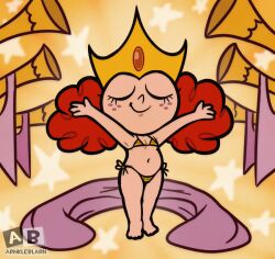 1girl arms_up arnkleblarn barefoot bikini cameltoe cartoon_network closed_eyes crown curly_hair double_bun flat_chest freckles hair_bun instrument loli micro_bikini navel powerpuff_girls princess_morbucks red_hair scene_reference side-tie_bikini_bottom smile standing star_(symbol) star_symbol_background striped_bikini striped_clothes swimsuit towel trumpet yellow_background yellow_bikini
