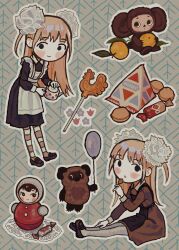2girls 2others :o apron balloon bikini black_dress black_eyes black_shoes blonde_hair blush candy cheburashka collared_dress commentary cookie deformed dessert dress dual_persona english_commentary food frilled_apron frills fruit gena_the_crocodile_and_his_friends grey_pantyhose hair_ornament hair_scrunchie hand_up highres holding holding_balloon holding_candy holding_food holding_fruit holding_lollipop holding_teapot io_(onisarashi) loafers lollipop long_sleeves looking_at_viewer milk_carton multiple_girls multiple_others nika_(flesh_blood_&amp;_concrete) orange_bikini outline pantyhose patterned_background pooh pooh_(soyuzmultfilm) roly-poly_toy school_uniform scrunchie shaped_lollipop shoes sitting smile soviet_school_uniform striped_clothes striped_pantyhose swimsuit teapot toy two_side_up white_apron white_outline white_scrunchie winnie_the_pooh