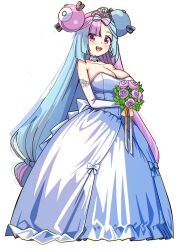 1girl absurdres bare_shoulders blue_hair blush bouquet bow bow-shaped_hair breasts bridal_gauntlets character_hair_ornament choker cleavage collarbone covered_navel double_bun dress fake_hair_bun flower full_body hair_bun hair_ornament highres holding holding_bouquet iono_(pokemon) large_breasts long_dress long_hair multicolored_hair nintendo open_mouth pendant_choker pink_eyes pink_flower pink_hair pink_rose pokemon pokemon_sv pon_tanuki_(ga7fsrge9jxblaw) rose sharp_teeth simple_background smile solo split-color_hair teeth tiara two-tone_hair upper_teeth_only wedding_dress white_background white_bow white_bridal_gauntlets white_choker white_dress