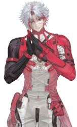 1boy absurdres black_hands bodysuit coat colored_extremities cowboy_shot earrings gold_earrings grey_eyes grey_hair hair_between_eyes hands_up heterochromia highres jewelry long_sleeves looking_at_viewer male_focus multicolored_hair necklace own_hands_together pocket red_coat red_eyes red_hair scar scar_(wuthering_waves) scar_across_eye scar_on_face short_hair simple_background smile solo standing sword_earrings teeth two-tone_hair white_background white_bodysuit wuthering_waves xxxworldhahaha