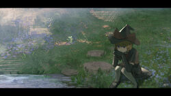 1girl absurdres black_capelet black_gloves black_hat black_skirt blonde_hair blue_eyes bow bowtie braid capelet closed_mouth cookie_(touhou) elbow_gloves expressionless full_body gloves grass hair_bow hat hat_bow highres kirisame_marisa letterboxed looking_afar mary_janes meguru_(cookie) noukou_tonkotsu_korokke pantyhose puddle red_bow red_bowtie rock shoes short_hair side_braid single_braid sitting skirt solo touhou water white_pantyhose witch_hat