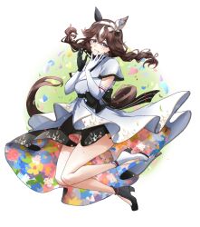 1girl animal_ears asymmetrical_footwear black_bow black_shoes bow braided_sidelocks brown_eyes brown_hair capelet clothes_lift commentary_request curren_bouquetd&#039;or_(umamusume) dress dress_lift ear_bow ear_covers elbow_gloves full_body gloves gold_trim hairband high-low_dress horse_ears horse_girl jumping long_hair looking_at_viewer luna_(gkluna_mas) midair mismatched_footwear multicolored_hair shoes solo tachi-e two-tone_hair umamusume waist_bow white_background white_capelet white_dress white_gloves white_hair white_hairband white_shoes