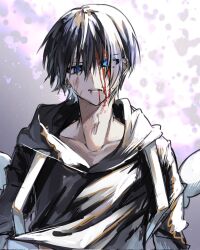 1boy angel_wings backpack bag black_hair bleeding blood blood_on_face blue_eyes highres licht_jekylland_todoroki male_focus multicolored_hair servamp short_hair two-tone_hair white_hair wings zarame3rui4