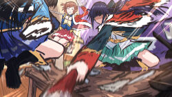 3girls absurdres aijou_karen attack black_boots black_hair black_jacket blue_jacket blue_skirt boots brown_hair bullfalk commentary_request fur-trimmed_jacket fur_trim green_skirt grin highres jacket jacket_on_shoulders kagura_hikari long_hair medium_hair miniskirt multiple_girls nervous_sweating no_eyes pleated_skirt purple_hair red_jacket red_skirt shaded_face shirt shoujo_kageki_revue_starlight skirt smile squatting sweat tsuyuzaki_mahiru two_side_up very_long_hair white_shirt