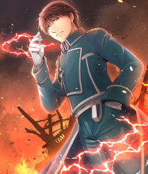 1boy aiguillette alchemy alternate_eye_color amestris_military_uniform black_hair blue_jacket blue_pants burnt buttons clear_sky closed_mouth collared_jacket cowboy_shot double-breasted dutch_text electricity embers fire frown fullmetal_alchemist gloves hair_between_eyes hand_in_pocket hand_up jacket looking_at_viewer looking_down male_focus military military_jacket military_uniform night night_sky outdoors pants red_eyes roy_mustang ruins serious shade silver_trim sky smoke snapping_fingers spiked_hair tsuki_oto_sena tsurime white_gloves