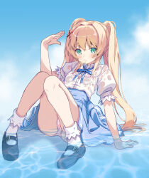 1girl akayama_yukihe arm_support black_shoes blonde_hair blue_bow blue_bowtie blue_skirt blush bow bowtie bra bra_visible_through_clothes breasts chips_(food) commentary fanning_self food food_in_mouth full_body green_eyes hair_between_eyes hair_intakes hair_ornament hand_up high-waist_skirt highres hot knees_together_feet_apart knees_up legs long_hair mary_janes official_alternate_costume panties pink_panties potato_chips puffy_short_sleeves puffy_sleeves see-through_clothes see-through_shirt shirt shoes short_sleeves sidelocks simple_background sitting skirt small_breasts socks solo summer_pockets thighs tsumugi_wenders twintails underwear very_long_hair wading water wet wet_clothes wet_shirt white_bra white_shirt white_socks x_hair_ornament