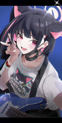 1girl absurdres animal_ears animal_print black_choker black_hair black_mask blue_archive blunt_ends blush cat_ears cat_girl cat_print choker colored_inner_animal_ears colored_inner_hair electric_guitar extra_ears fang guitar hayate_(1034853996) highres holding holding_guitar holding_instrument instrument kazusa_(band)_(blue_archive) kazusa_(blue_archive) looking_at_viewer multicolored_hair official_alternate_costume open_mouth pink_eyes shirt short_hair sidelocks solo v white_shirt