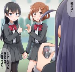 3girls :d aijou_karen black_hair black_legwear blue_eyes blurry blurry_background blurry_foreground blush bow bowtie brown_eyes brown_hair building cellphone cellphone_photo closed_mouth collared_shirt commentary crown_hair_ornament day facing_away grey_jacket grey_skirt hair_ornament hairclip hand_up heart heart_hands_failure highres holding holding_hands holding_phone jacket kagura_hikari long_hair long_sleeves looking_at_another miniskirt motion_lines multiple_girls na_bia open_clothes open_jacket open_mouth outdoors pantyhose phone purple_hair red_bow red_bowtie school_uniform seishou_music_academy_uniform shirt short_hair shoujo_kageki_revue_starlight skirt smartphone smile sparkle_hair_ornament speech_bubble standing swept_bangs taking_picture thumbs_up translation_request tsuyuzaki_mahiru two_side_up white_shirt yuri