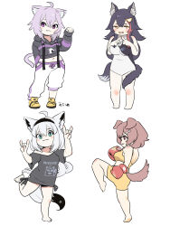 4girls absurdres ahoge animal_ear_fluff animal_ears black_hair black_hoodie blush boxing_gloves cat_ears cat_girl cat_tail fox_ears fox_girl hair_between_eyes hair_ornament highres hololive hood hoodie inugami_korone kickboxing leotard long_hair long_sleeves looking_at_viewer multicolored_hair multiple_girls nekomata_okayu nekomata_okayu_(1st_costume) ookami_mio purple_eyes purple_hair red_hair shirakami_fubuki shirt short_hair sickpoly7188 sidelocks simple_background smile sports_bra streaked_hair t-shirt tail virtual_youtuber white_hair wolf_ears wolf_girl wolf_tail