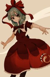 1girl bow dress frilled_dress frills front_ponytail green_eyes green_hair highres irumina777 kagiyama_hina looking_at_viewer red_bow red_dress red_ribbon ribbon solo tagme touhou