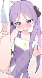 1girl absurdres black_ribbon blush breasts cameltoe cheerleader cleavage closed_mouth collarbone covered_navel dress hair_ribbon highres hiiragi_kagami holding_own_leg kneehighs leg_up loli long_hair looking_at_viewer lucky_star nicomi-chan nose_blush panties purple_dress purple_eyes purple_hair ribbon shy sleeveless sleeveless_dress small_breasts socks solo standing standing_on_one_leg star_(symbol) sweat thighs twintails underwear wavy_mouth white_panties white_socks