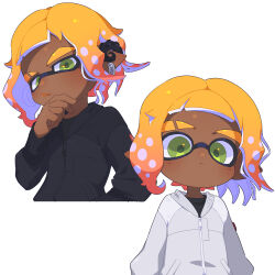 1boy absurdres black_shirt blonde_hair dark-skinned_male dark_skin earclip eyebrow_cut gradient_hair green_eyes hand_on_own_chin highres inkling inkling_boy inkling_player_character jacket looking_at_viewer male_focus multicolored_hair multiple_views nintendo open_mouth pink_hair pointy_ears shirt short_hair simple_background splatoon_(series) surume01417 tentacle_hair thick_eyebrows white_background white_jacket