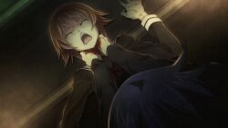 1boy 1girl asphyxiation black_jacket blazer blood blood_on_hands breasts chaos;child choke_hold cropped_jacket dim_lighting drooling dutch_angle fingernails from_above game_cg hand_on_another&#039;s_neck hands_on_another&#039;s_neck hekiho_academy_school_uniform highres jacket long_sleeves medium_breasts miyashiro_takuru neck_grab non-web_source official_art onoe_serika open_mouth pink_hair sailor_collar sailor_shirt saliva sasaki_mutsumi screaming shirt short_hair_with_long_locks strangling submission_hold teeth tongue upper_teeth_only white_sailor_collar wrestling
