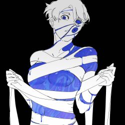 1boy bandaged_arm bandaged_head bandaged_torso bandages black_background bleeding blood blue_blood blue_eyes breasts distress gouged_eye highres holding_bandages hole_in_face injury limited_palette looking_at_viewer male_focus original par0llel ribbon shiny_skin solo spot_color underboob upper_body white_ribbon