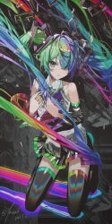 1girl absurdres bare_shoulders black_skirt black_sleeves black_thighhighs blue_eyes blue_hair blue_necktie blush detached_sleeves green_hair hair_between_eyes hatsune_miku highres kieed kneeling long_hair looking_at_viewer multicolored_hair necktie parted_lips revision shirt sidelocks skirt solo thighhighs twintails vocaloid white_shirt