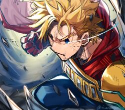 Rule 34 | 1boy, blonde hair, blue eyes, blue pants, boku no hero academia, cape, clenched hand, closed mouth, commentary request, gloves, looking at viewer, male focus, ninahachi, pants, red cape, red gloves, solo, thick eyebrows, togata mirio, twitter username, v-shaped eyebrows