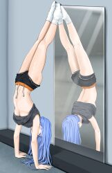 1girl bae_minah_(chaesu) bare_legs black_shirt black_shorts blue_eyes blue_hair breasts chaesu cleavage eyelashes feet full_body handstand highres indoors legs mirror navel no_shoes original shadow shirt short_shorts short_sleeves shorts socks solo stomach toes underboob white_socks