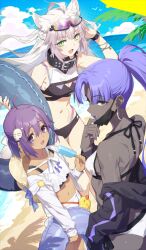 3girls ahoge animal_ears assassin_(fate/zero) atalanta_(fate) atalanta_alter_(fate) bare_shoulders beach braid breasts cat_ears cat_tail chaldea_u-summer_island child_assassin_(fate/zero) dark-skinned_female dark_skin earrings fate/grand_order fate_(series) female_assassin_(fate/zero) green_eyes grey_hair high_ponytail hoop_earrings jewelry large_breasts long_hair long_sleeves looking_at_viewer medium_breasts multiple_girls navel official_art open_mouth parted_bangs ponytail purple_eyes purple_hair saitou_hiroki small_breasts tail thighs very_long_hair