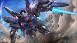 absurdres battle blue_sky debris delta_plus desert dust_cloud dutch_angle energy_sword flying gundam gundam_unicorn highres lens_flare machinery mecha mecha_focus mobile_suit mountainous_horizon no_humans official_art painting_(medium) realistic red_eyes robot scan science_fiction shield sky sun sunrise_(company) sword tenjin_hidetaka thrusters traditional_media weapon