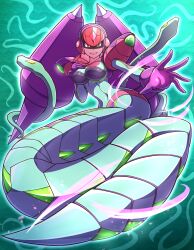 1girl :d armor bodysuit breasts commentary_request full_body gloves green_background hand_on_own_chest highres lamia large_breasts mega_man_(series) mega_man_star_force_(series) monster_girl mouth_veil navel nobuyu_(77yusei) open_mouth purple_gloves queen_ophiuca_(mega_man) red_eyes robot_girl shoulder_armor smile solo veil