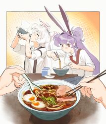 2girls animal_ears blush bow bowl char-siu chopped_spring_onion chopsticks collared_shirt commentary crt599 eating egg_(food) english_commentary food food_focus fujiwara_no_mokou hair_bow hair_ribbon highres holding holding_bowl holding_chopsticks holding_spoon long_hair long_sleeves milk_carton multiple_girls necktie noodles pov pov_hands purple_hair rabbit_ears rabbit_girl ramen red_eyes red_necktie reisen_udongein_inaba ribbon seiza shirt sitting skirt sleeves_rolled_up softboiled_egg spoon suspenders sweat table touhou very_long_hair white_bow white_hair white_shirt