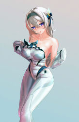 1girl absurdres bare_shoulders blush bodysuit breasts chagan cleavage collarbone firefly_(ar-26710)_(honkai:_star_rail) firefly_(honkai:_star_rail) grey_background grey_hair hair_between_eyes hair_ornament highres honkai:_star_rail honkai_(series) long_hair looking_at_viewer mecha_pilot_suit official_alternate_costume open_mouth pink_eyes simple_background solo undressing white_bodysuit