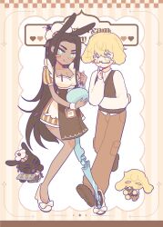 Rule 34 | 1boy, 1girl, alien stage, alternate costume, animalization, apron, black shoes, black vest, blonde hair, blush stickers, bowl, brown apron, brown hair, brown pants, chef hat, coldmeow, collared shirt, commentary, dark-skinned female, dark skin, dress, eating, english text, floppy ears, full body, glasses, grey eyes, hat, highres, holding, holding bowl, holding whisk, hyuna (alien stage), licking, long hair, luka (alien stage), object in pocket, pants, pen, pen in pocket, person and animalization, pocket, prosthesis, prosthetic leg, puffy short sleeves, puffy sleeves, rabbit, rabbit boy, rabbit girl, shirt, shoes, short hair, short sleeves, single blush sticker, striped clothes, striped dress, symbol-only commentary, vertical-striped clothes, vertical-striped dress, very long hair, very short hair, vest, whisk, white shirt, white shoes, yellow eyes