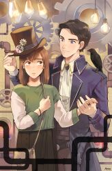 Rule 34 | 1boy, 1girl, bag, bird, black bird, black hair, blue eyes, brown eyes, brown hair, closed mouth, crow, hat, holding hands, lamp, looking at another, peyo han, peyoberry, standing, steampunk, top hat, vintage clothes