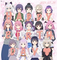6+girls ahoge ars_no_kyojuu artist_name bang_dream! black_gloves blue_eyes blue_skirt boku_no_kokoro_no_yabai_yatsu bow braid breasts brown_hair character_request cleavage copyright_request dated elf ginny_fin_de_salvan glasses gloves green_jacket grey_hair grey_vest hair_between_eyes hair_bun hair_ornament hair_stick hairclip happy_birthday heart highres holding holding_heart inui_shinju jacket japanese_clothes kimono kotobuki_minami kunoichi_tsubaki_no_mune_no_uchi kurusu_akari_(tiny_senpai) kuumi_(ars_no_kyojuu) lainie_cyan light_brown_hair long_skirt medium_breasts mikage_sakurako mokuren_(kunoichi_tsubaki_no_mune_no_uchi) multiple_girls oshi_no_ko pink_eyes pink_hair pointy_ears purple_hair red_bow red_eyes satya school_uniform selection_project shijou_saikyou_no_daimaou_murabito_a_ni_tensei_suru short_sleeves side_braid side_ponytail skirt small_breasts smile sono_bisque_doll_wa_koi_wo_suru soredemo_ayumu_wa_yosetekuru takamatsu_tomori tensei_oujo_to_tensai_reijou_no_mahou_kakumei uchi_no_kaisha_no_chiisai_senpai_no_hanashi vest voice_actor_connection white_hair yagi_nodoka yamada_anna youmiya_hina