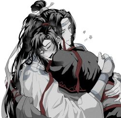 2boys black_hair black_hanfu blush chinese_clothes closed_eyes closed_mouth couple greyscale hair_ribbon hanfu headband highres hug lan_wangji long_hair long_sleeves male_focus modao_zushi monochrome multiple_boys open_mouth ponytail red_ribbon ribbon robe ronpu_cooing sidelocks simple_background sleeves_past_wrists smile spot_color topknot upper_body wei_wuxian white_background white_hanfu white_headband wide_sleeves xiao_guan_(headdress) yaoi