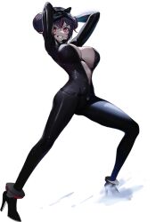 1girl arms_up black_bodysuit bodysuit breasts catsuit center_opening cleavage curvy domino_mask double-parted_bangs double_bun eye_mask full_body gloves goddess_of_victory:_nikke grin hair_between_eyes hair_bun high_heels highres large_breasts looking_at_viewer mask mask_on_head multicolored_hair naughty_face navel official_alternate_costume official_art open_bodysuit open_clothes outstretched_arms purple_hair quency_(escape_queen)_(nikke) quency_(nikke) red_eyes revealing_clothes shiny_clothes shiny_skin skin_tight smile solo stomach streaked_hair sweat thighs transparent_background two-tone_hair unzipped wide_hips