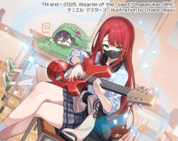 Rule 34 | 2girls, animal hood, black hair, black mask, bracelet, chair, classroom, closed eyes, clothes around waist, copyright notice, crossed legs, desk, door, dragon musume ni naritakunai!, duel masters, dutch angle, green eyes, green hoodie, green shoes, guitar, harusaki eiku, headphones, headphones around neck, holding, holding guitar, holding instrument, holding plectrum, hood, hoodie, hoshi feruki, indoors, instrument, jacket, jacket around waist, jewelry, long hair, multiple girls, music, official art, okanoyuno, on desk, open mouth, plaid clothes, plaid skirt, playing instrument, plectrum, red hair, school chair, school desk, sharp teeth, sheet music, shirt, shoes, sitting, skirt, sleeping, sleeves rolled up, socks, teeth, very long hair, white shirt, white socks