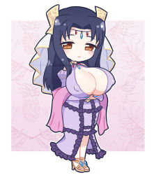 1girl arms_under_breasts black_hair blush breasts bridal_gauntlets brown_eyes chibi circlet cleavage covered_erect_nipples dadadanoda detached_sleeves dress female_focus forehead_jewel frilled_dress frills full_body headdress high_heels huge_breasts jewelry kyonyuu_fantasy long_dress long_hair looking_at_viewer looking_to_the_side mole mole_under_eye purple_dress roxanne_de_desir sandals shawl sidelocks smile solo standing veil